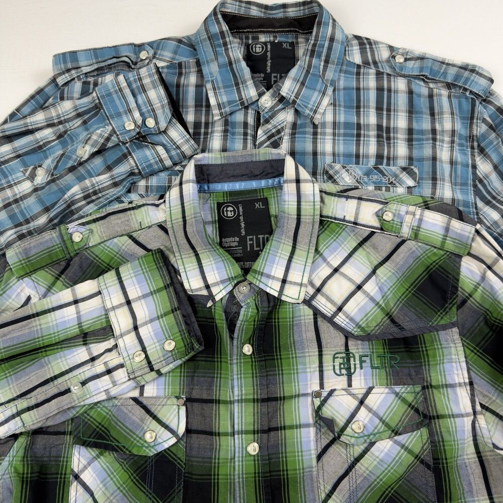 FLTR Wester Pearl Snap Embroidered Bundle Mens XL Plaid Pockets Pull Tab Cotton